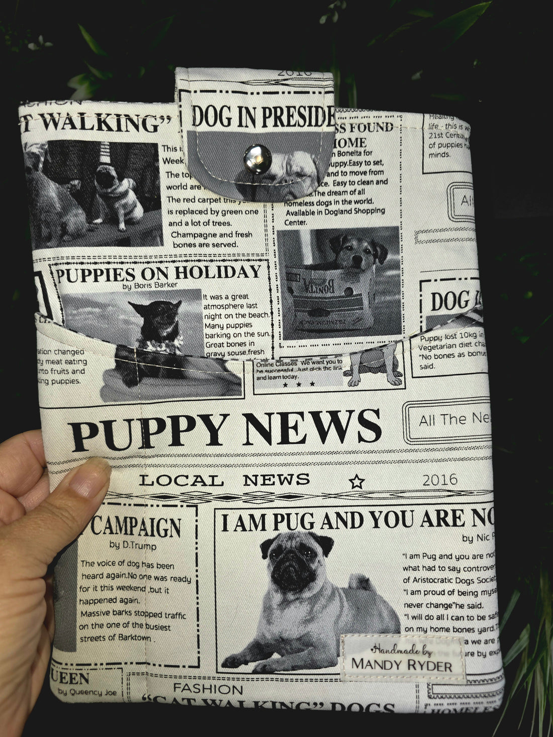 Handmade Puppy News fabric book sleeve by Mandy Ryder