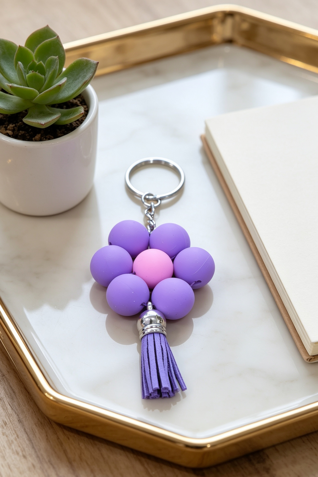 Purple Flower Bead Keychain with Tassel