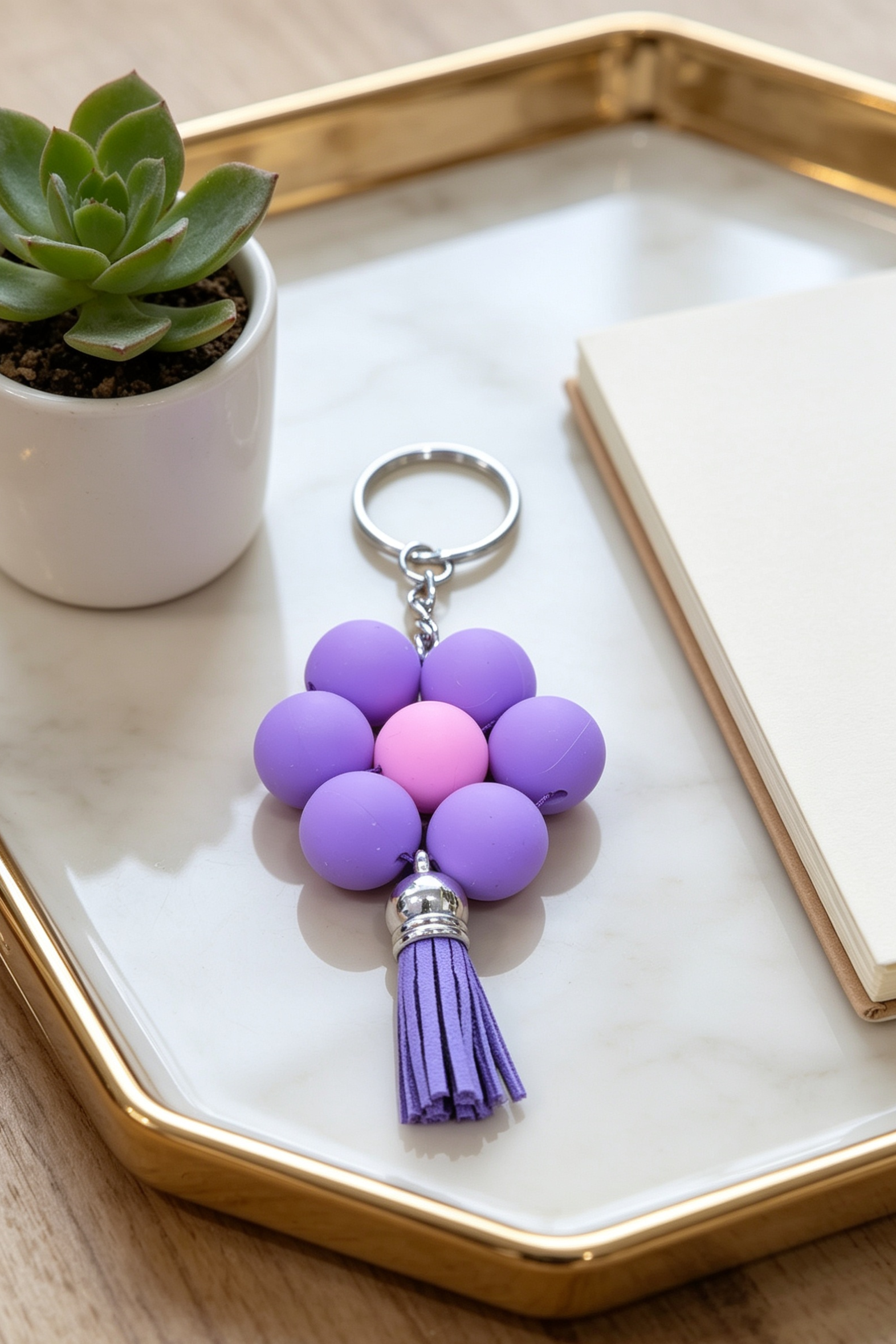 Purple Flower Bead Keychain with Tassel