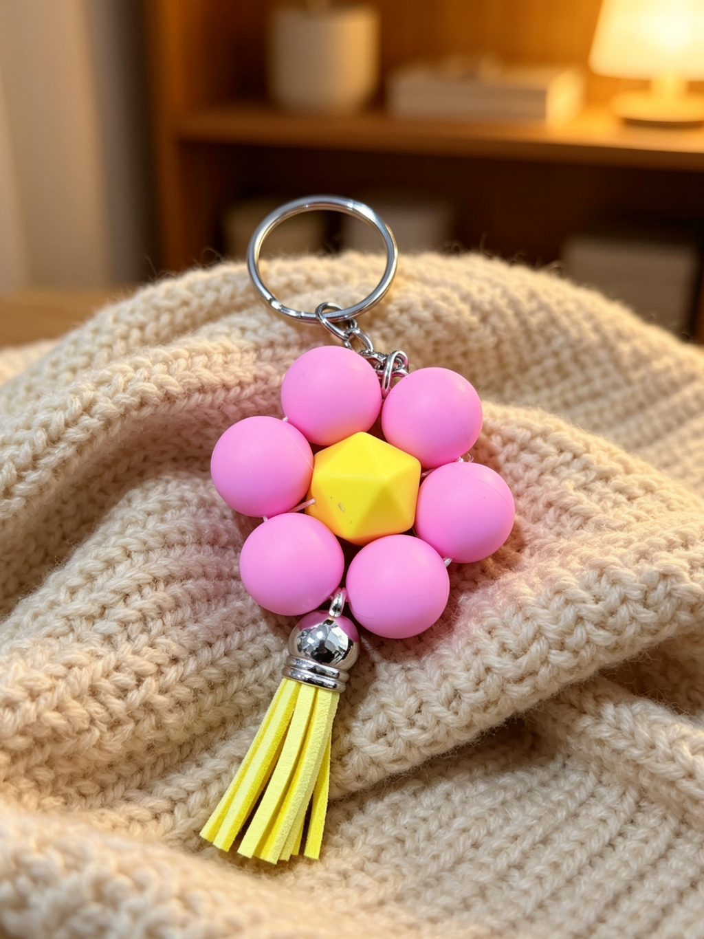 Pink & Yellow Flower Bead Keychain with Tassel