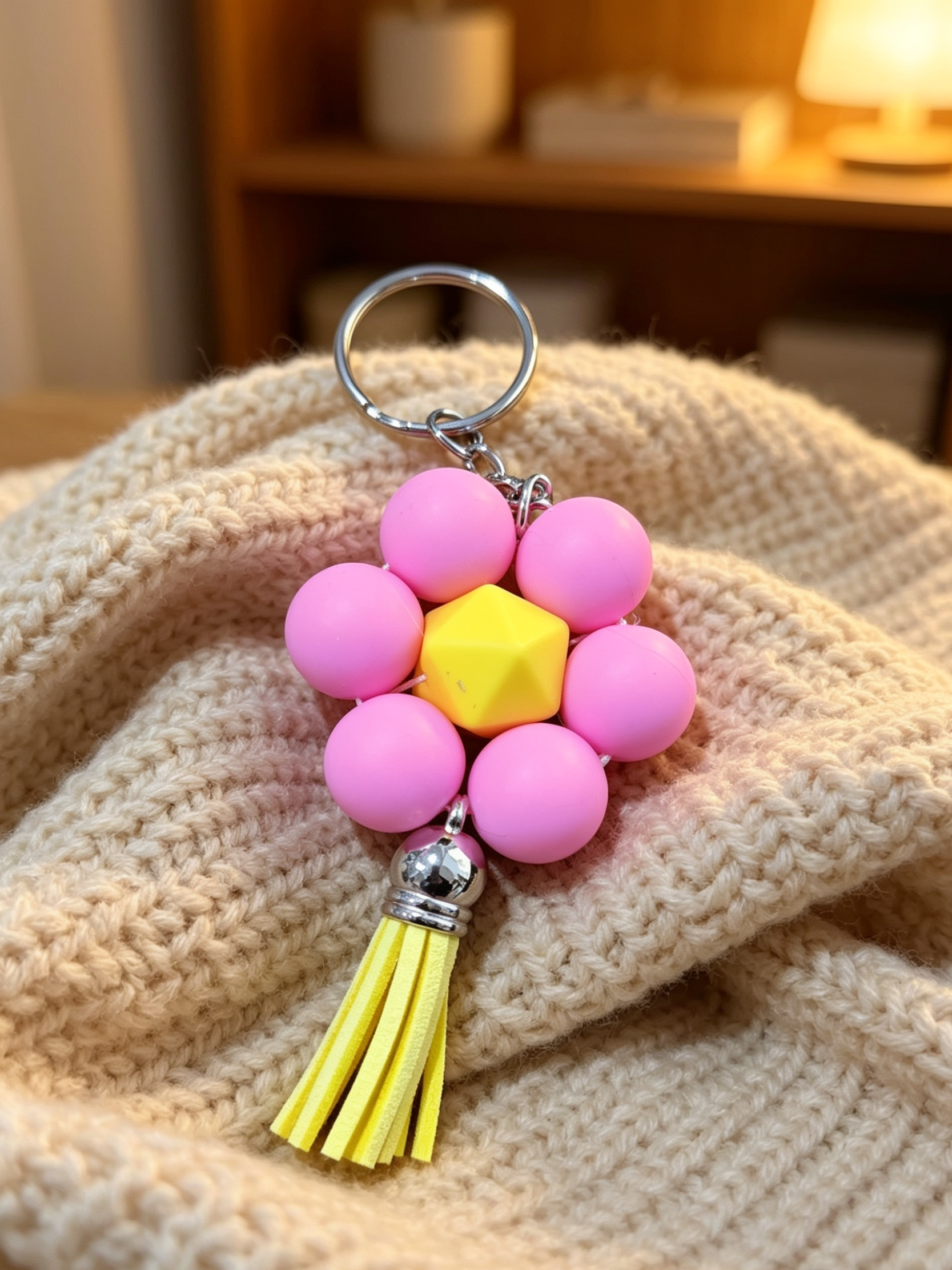 Pink & Yellow Flower Bead Keychain with Tassel