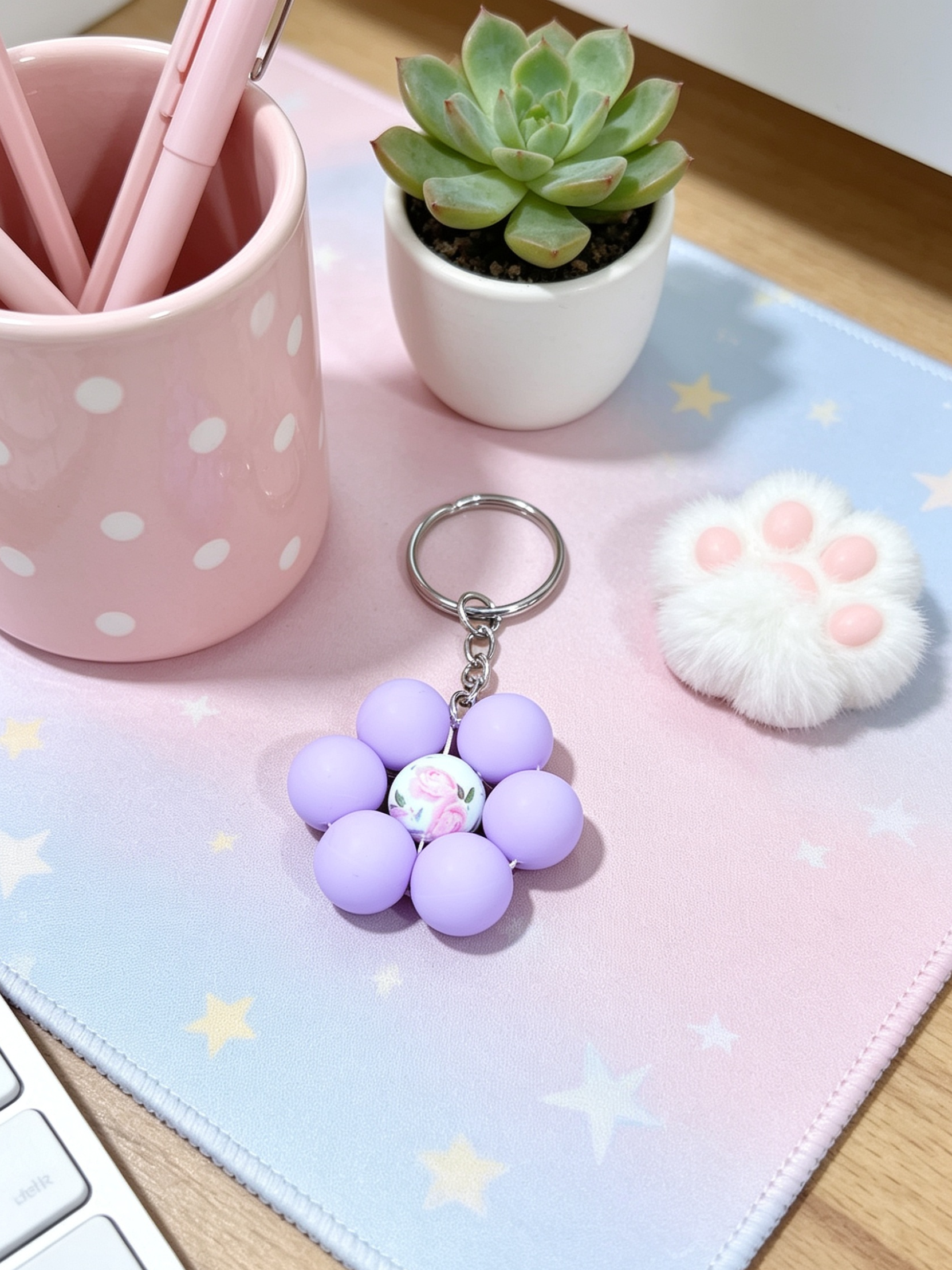 Lilac Flower Bead Keychain with Floral Centre