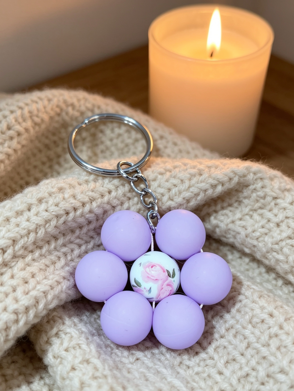 Lilac Flower Bead Keychain with Floral Centre