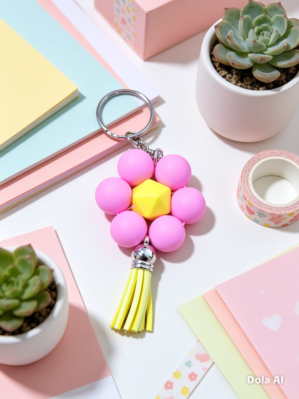 Pink & Yellow Flower Bead Keychain with Tassel