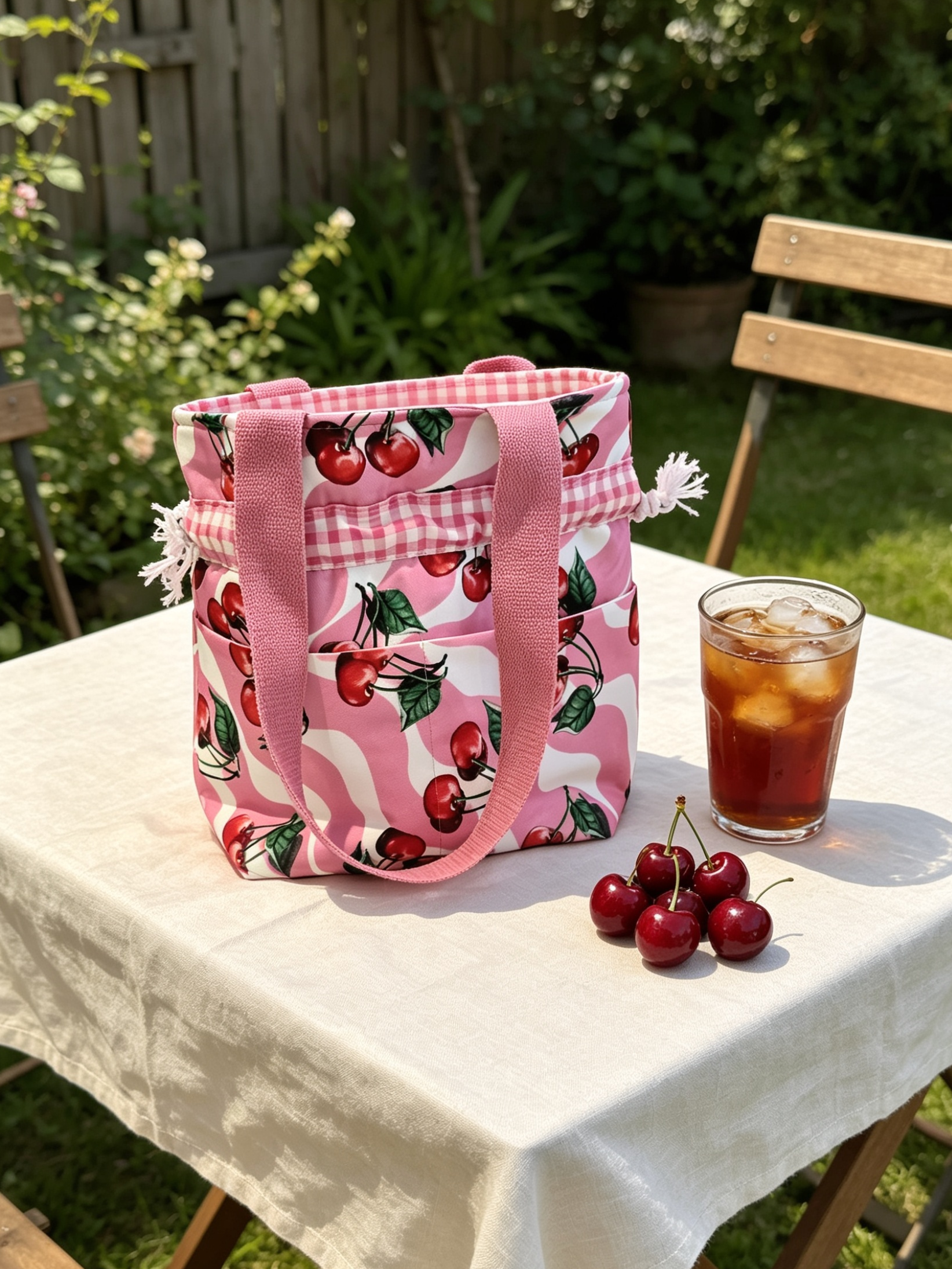 Cherry Print Drawstring Insulated Tote Bag