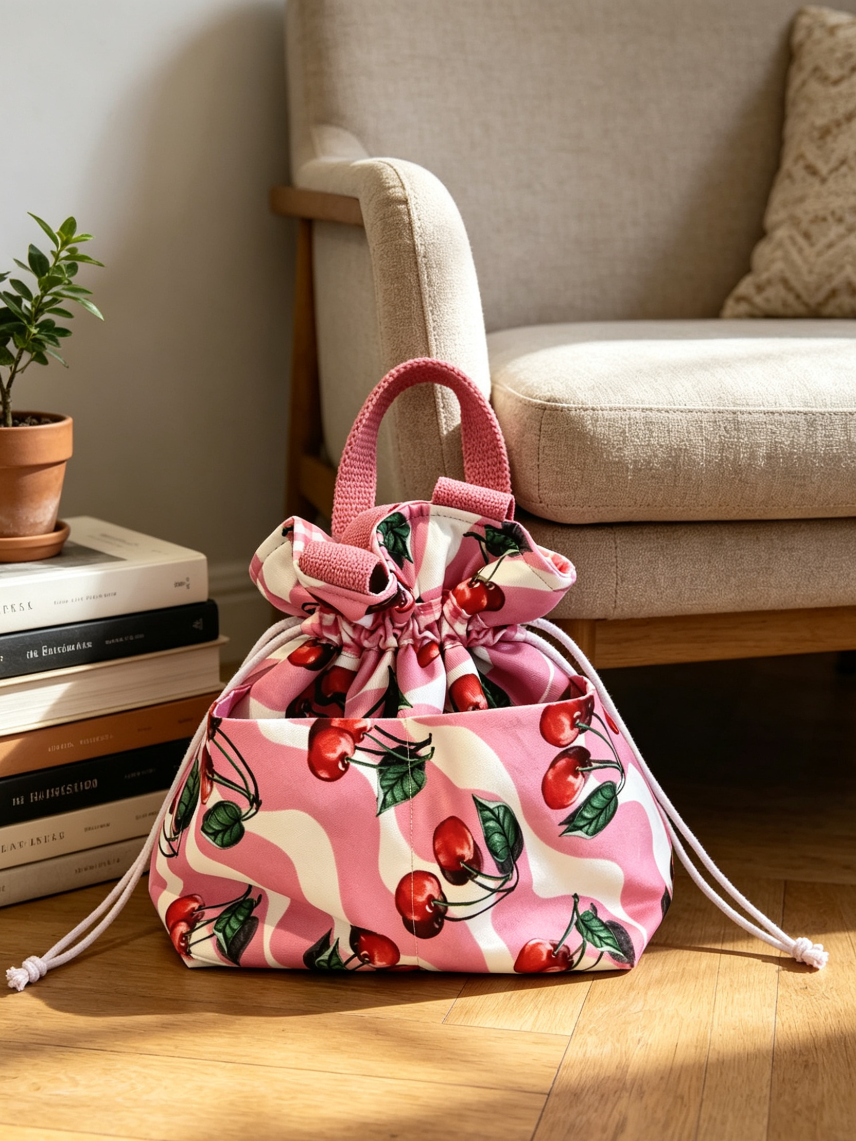 Cherry Print Drawstring Insulated Tote Bag