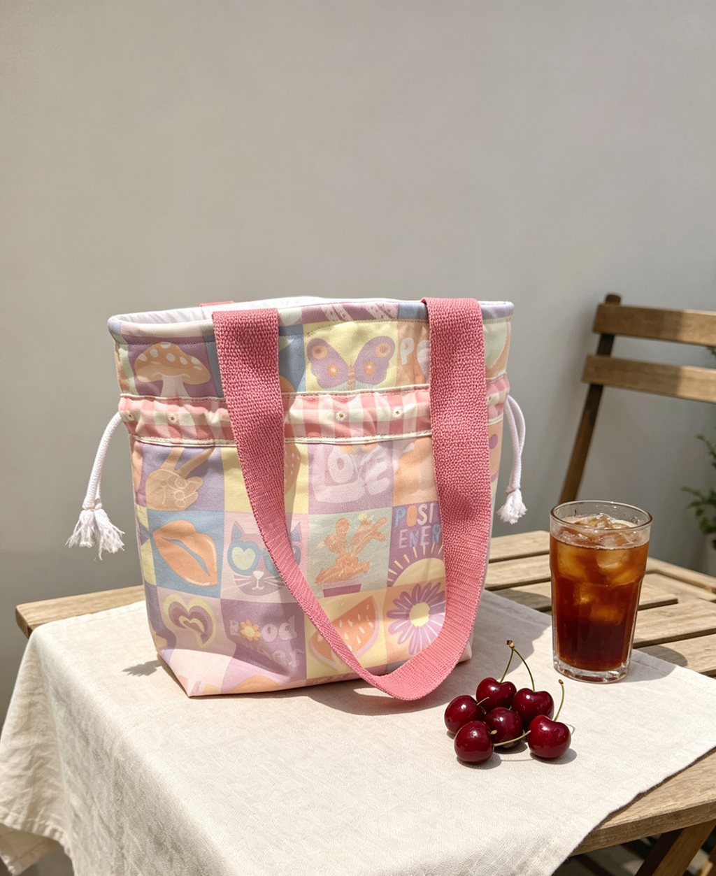 Retro Print Drawstring Tote Bag with Waterproof Lining