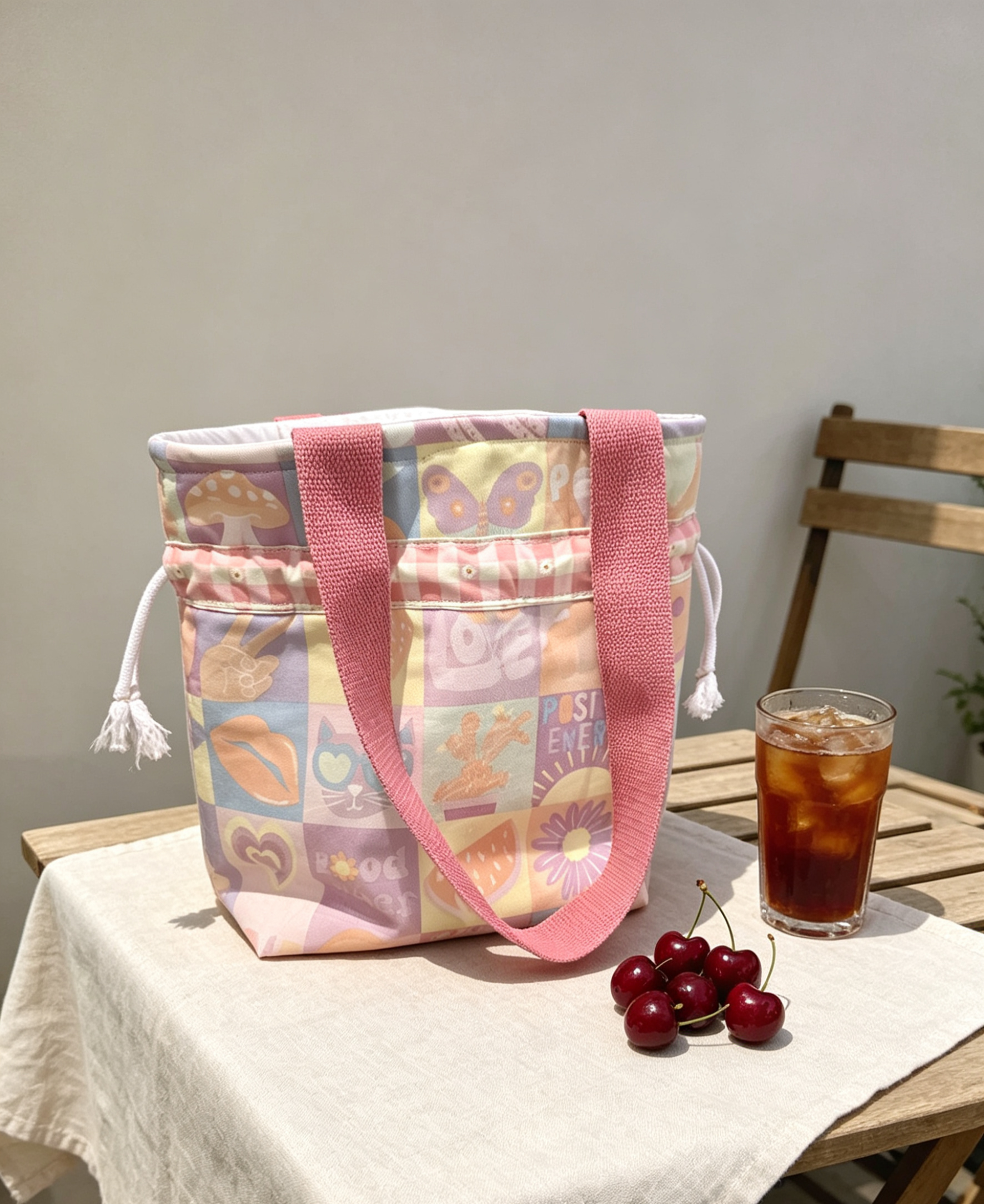 Retro Print Drawstring Tote Bag with Waterproof Lining