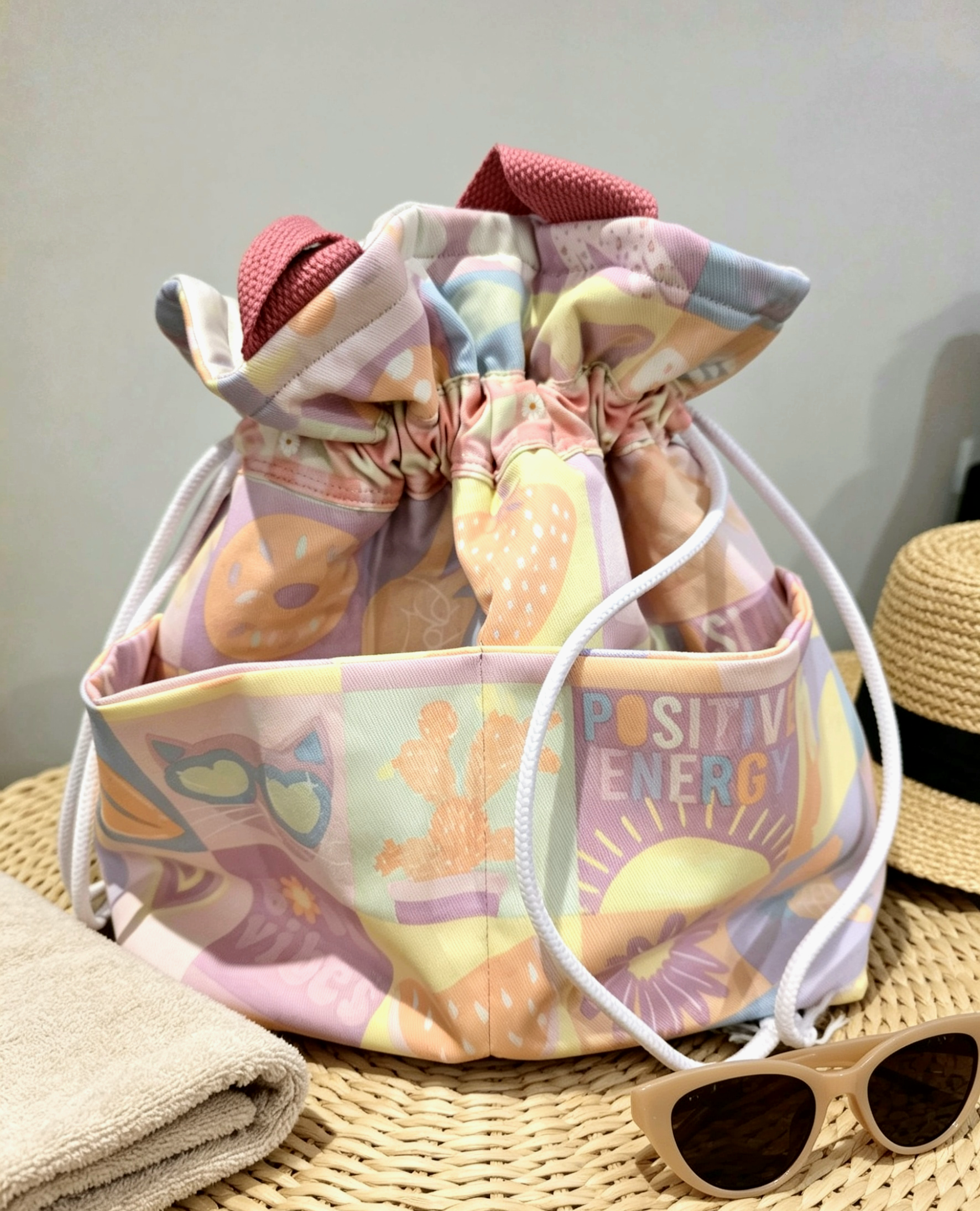 Retro Print Drawstring Tote Bag with Waterproof Lining