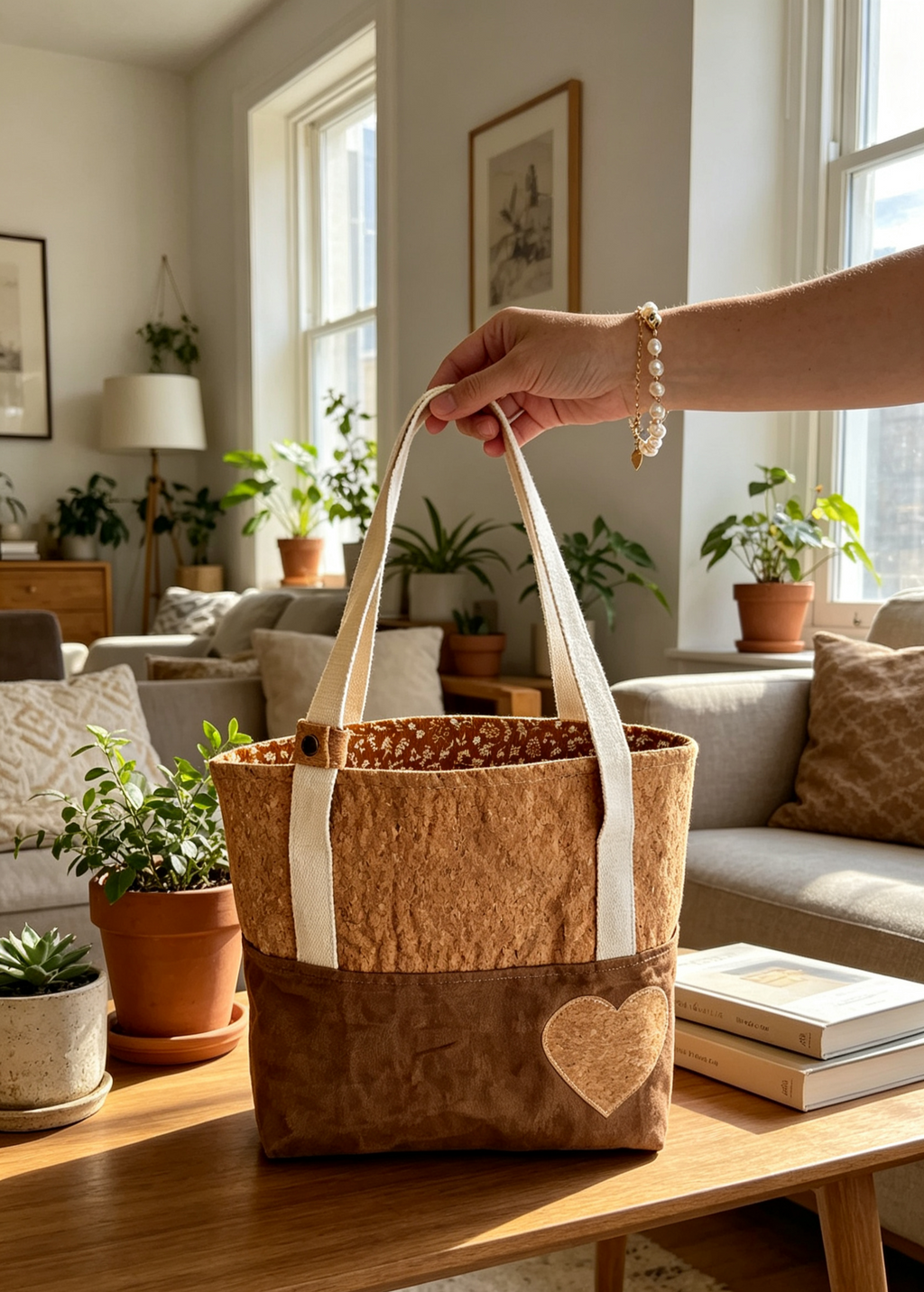 Cork and faux suede tote bag standing on rug showing full silhouette and key keeper clip