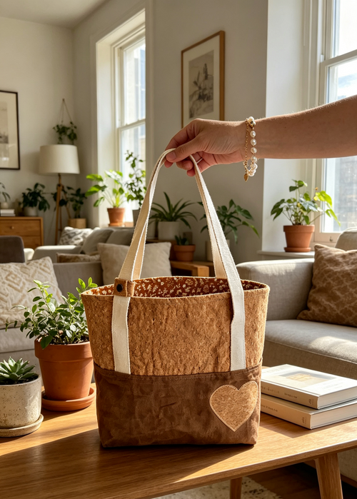 Cork and faux suede tote bag standing on rug showing full silhouette and key keeper clip