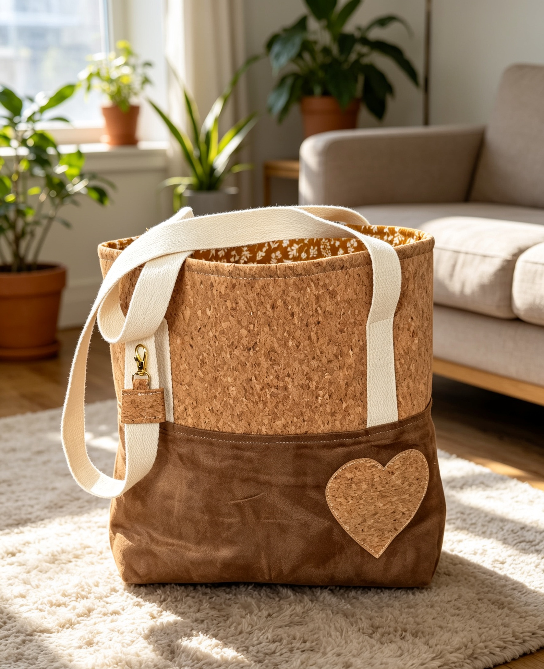 Cork and faux suede tote bag held by hand showing heart applique and canvas handles