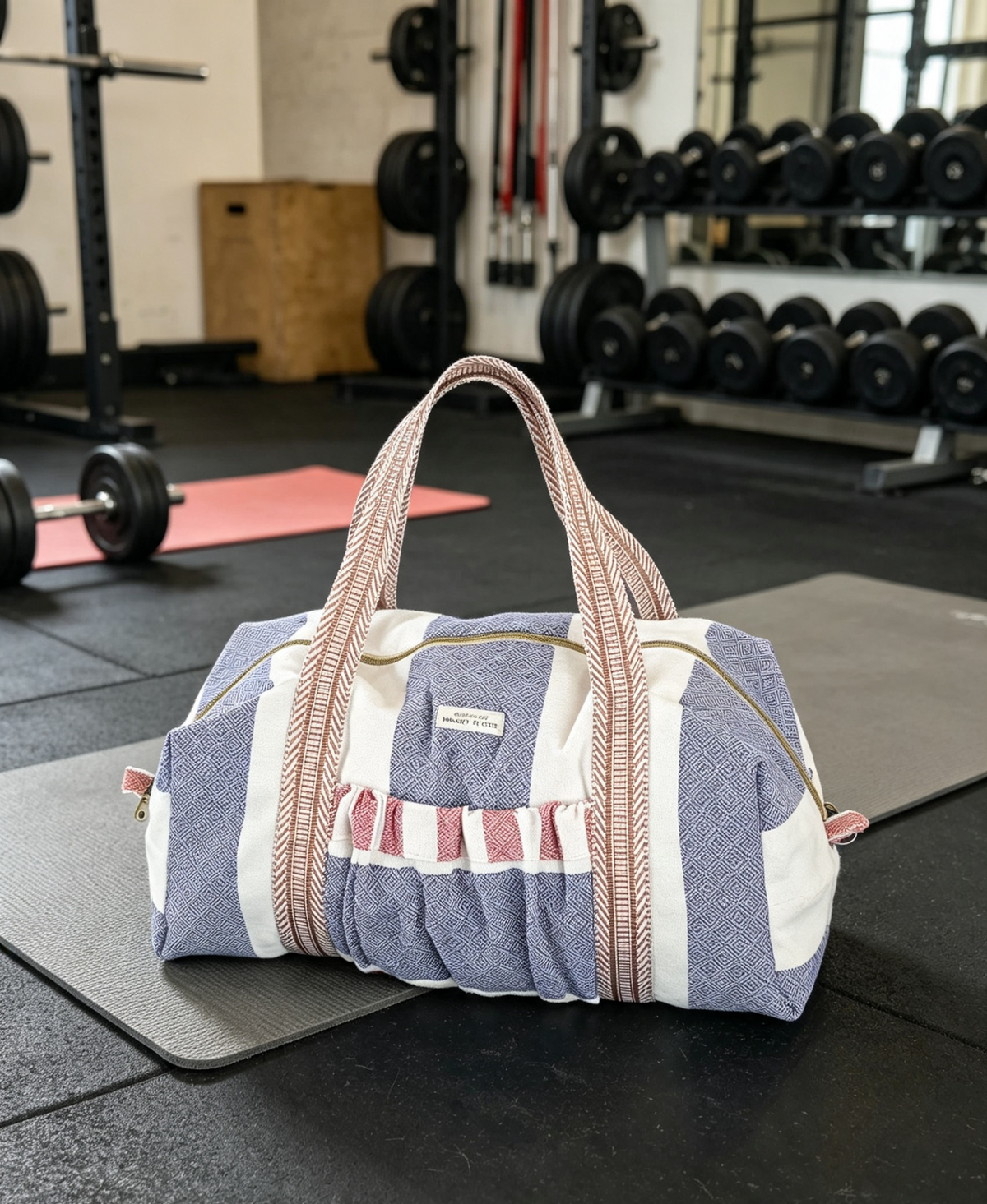 Handmade woven duffle bag on a gym floor