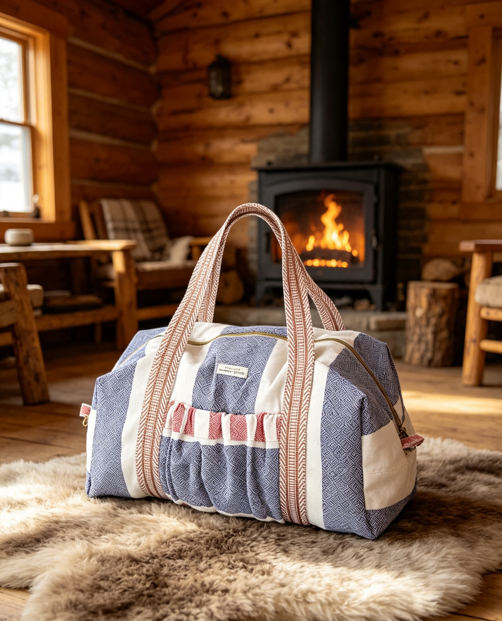 Handmade woven duffle bag on a sheepskin rug in a log cabin