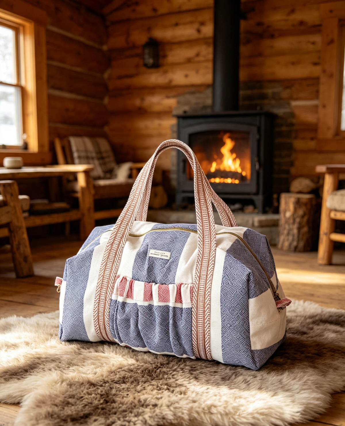 Handmade woven duffle bag on a sheepskin rug in a log cabin