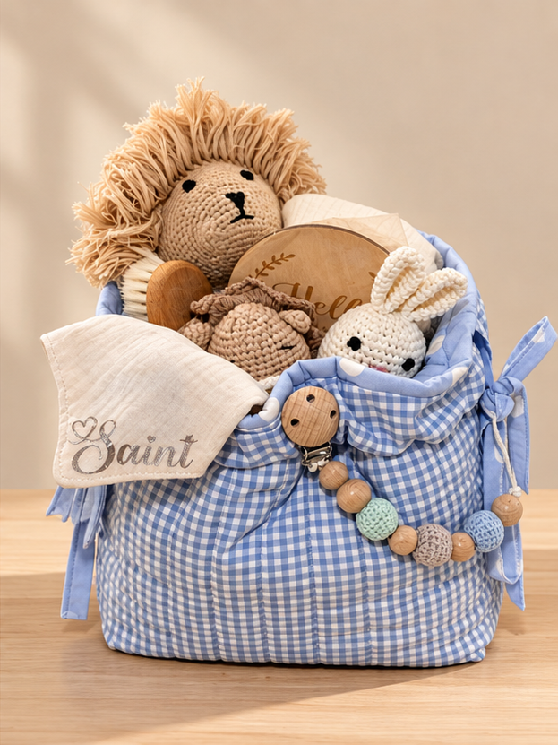 Blue gingham Welcome Baby Hamper; contents depend on selected extras