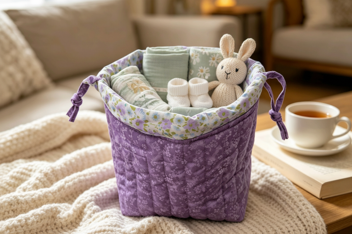 Bag with baby products in sage green setting