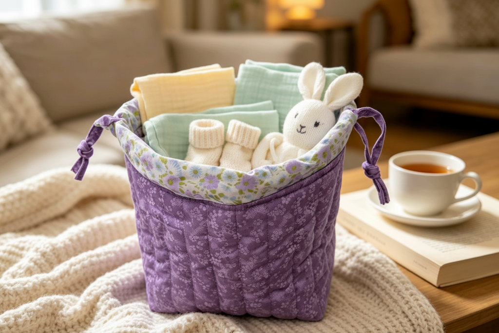 Bag with baby products on white linen