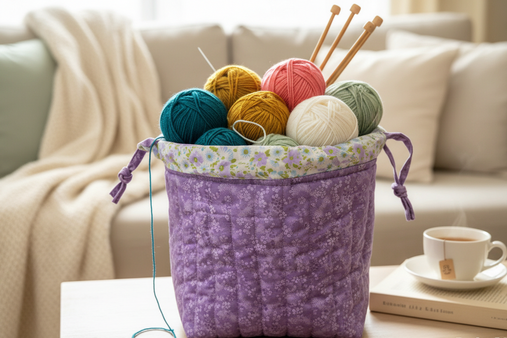 Bag with knitting in sage green setting