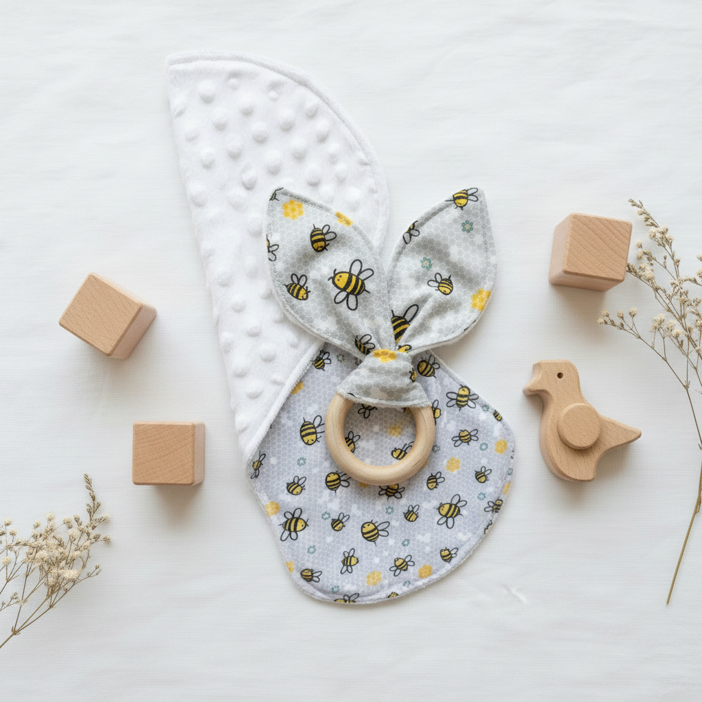 Bee Teething Ring and Burp Cloth Set Flat Lay