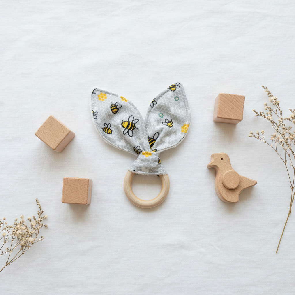 Bee Teething Ring Flat Lay Overhead