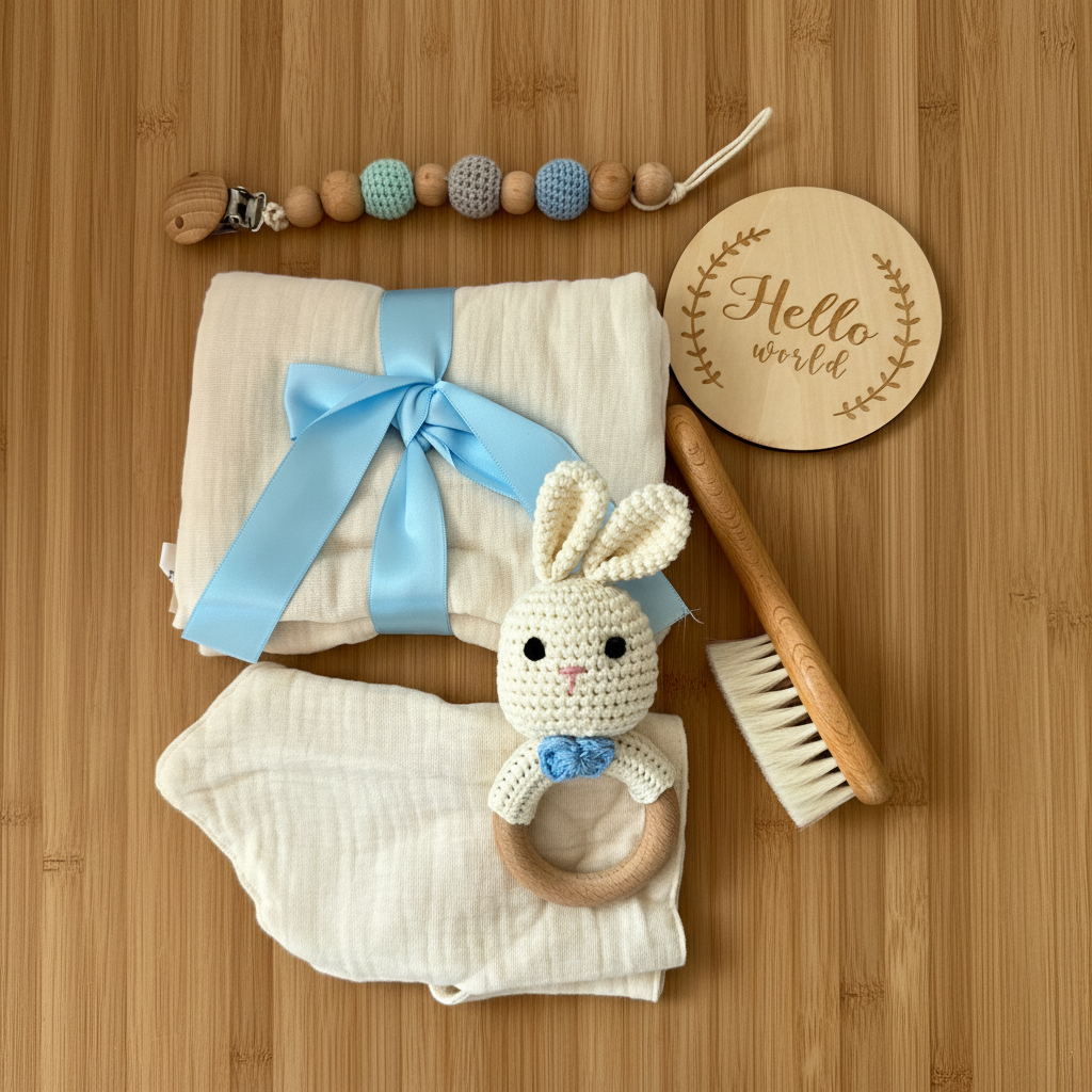 Baby gift flat lay with crochet bunny rattle, muslin wrap with blue bow, Hello World milestone disc, muslin cloth and wooden baby brush