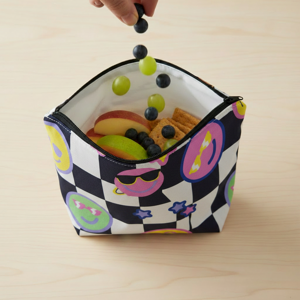 Checkered smiley snack bag lifestyle
