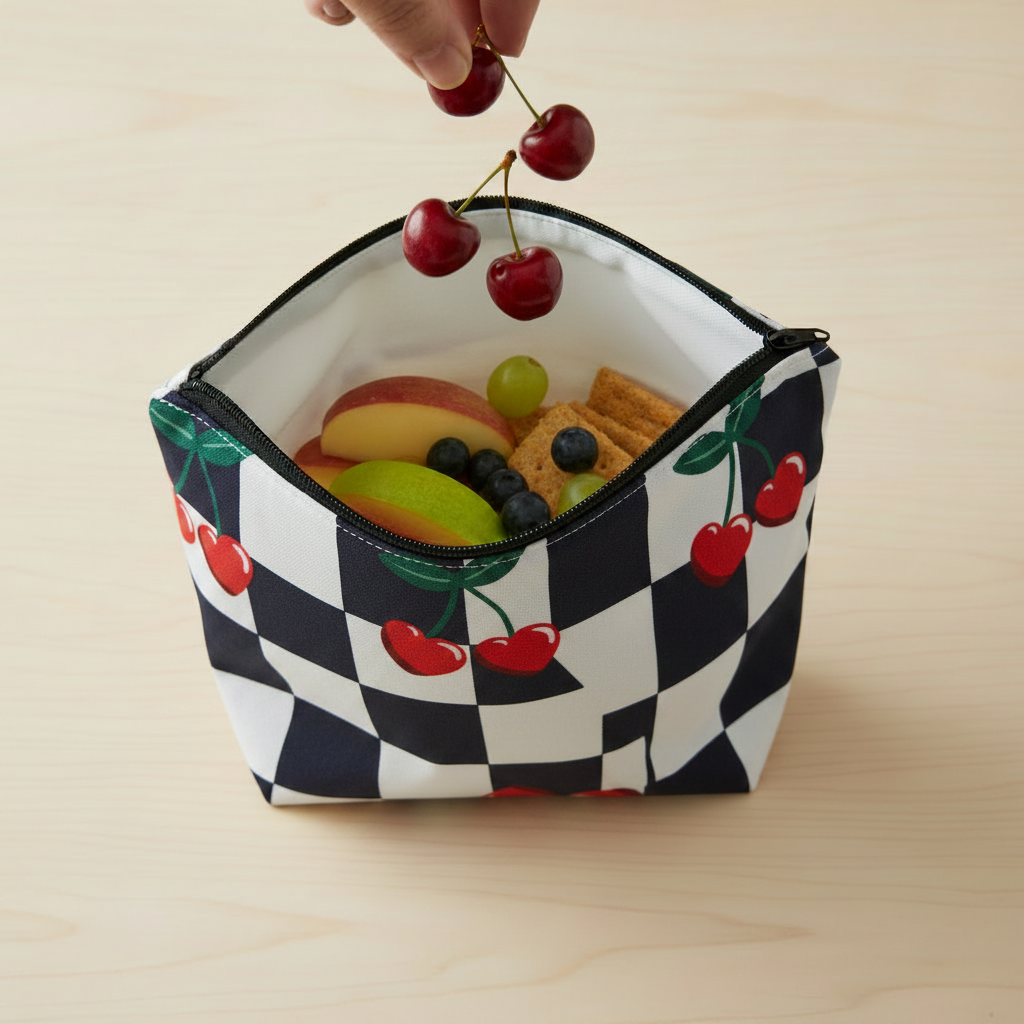 Cherry checkered snack bag lifestyle