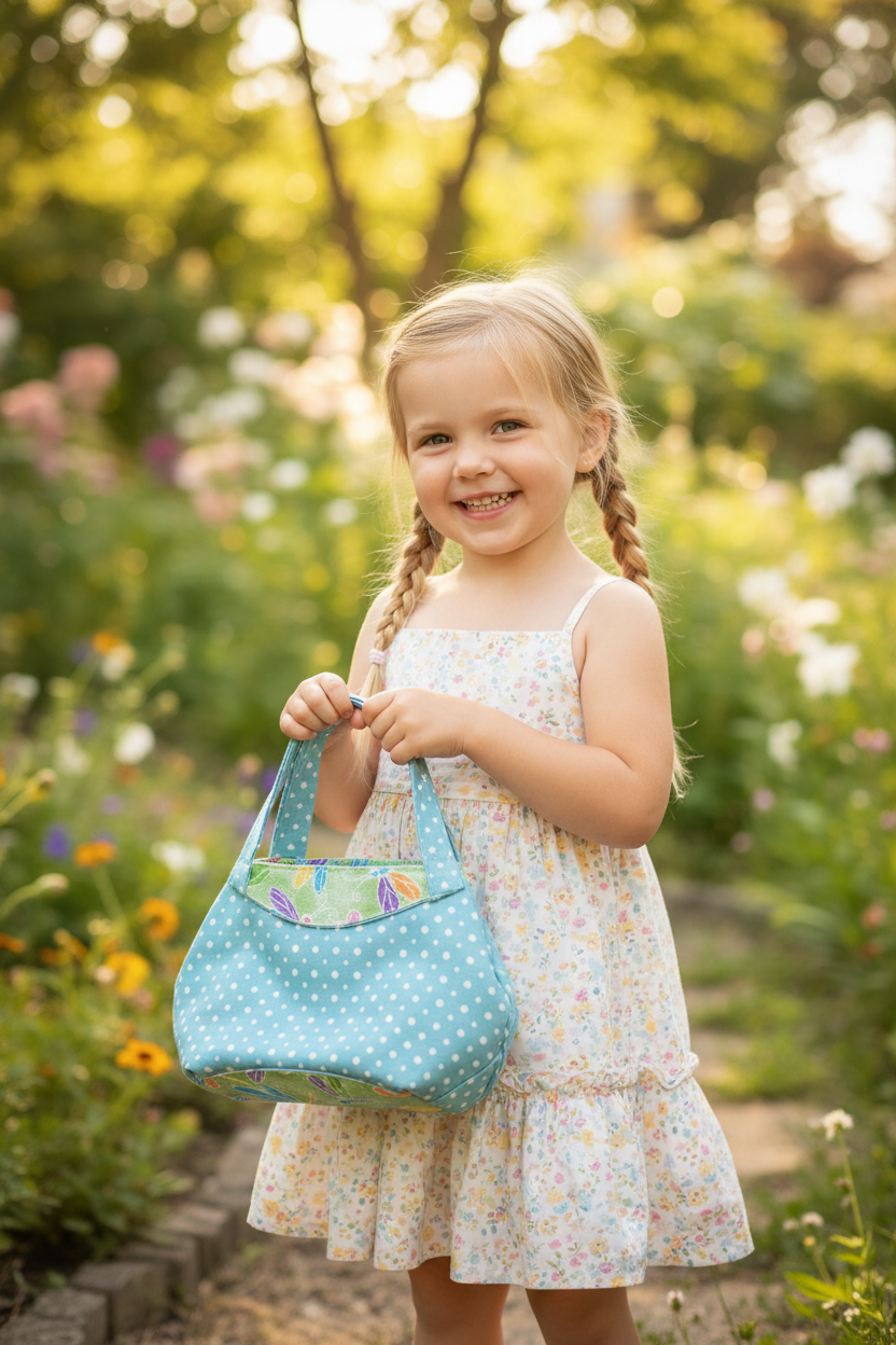 Child Holding Teal Polka Dot Handbag in Garden