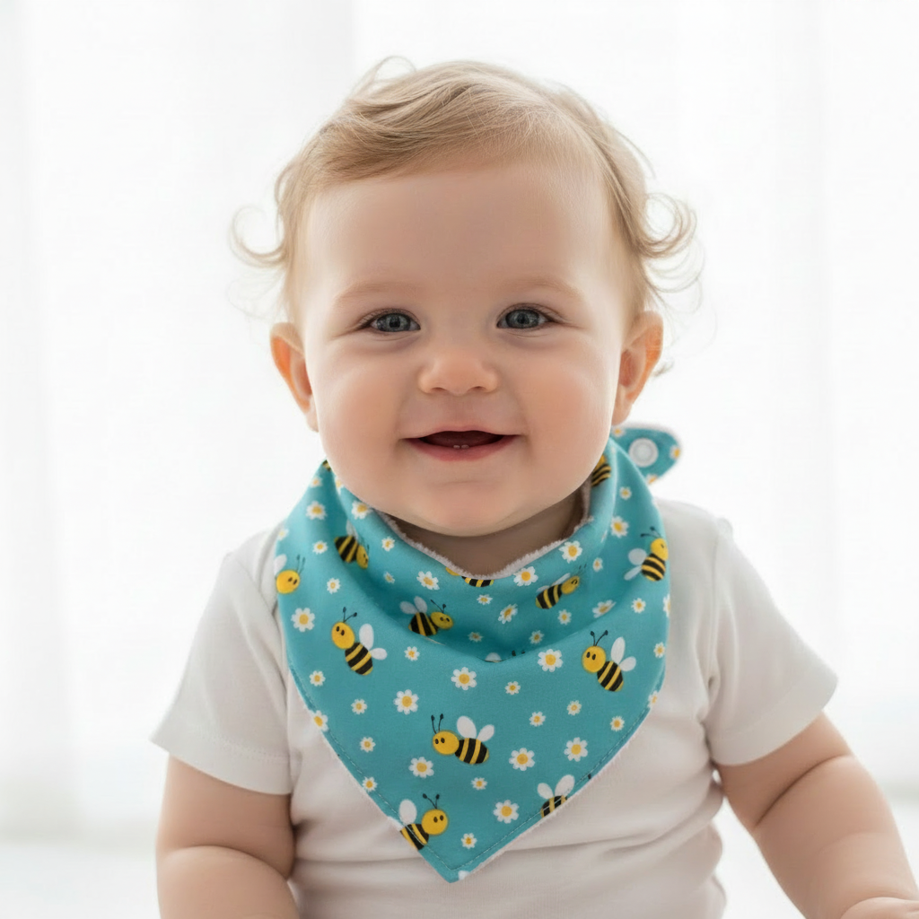 Drool bib snap closure worn on baby