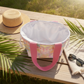 Lifestyle shot of open drawstring tote bag with waterproof lining