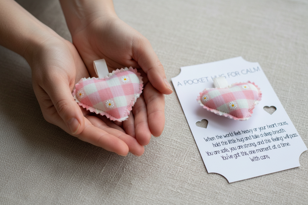 Pink Gingham Pocket Hug - held
