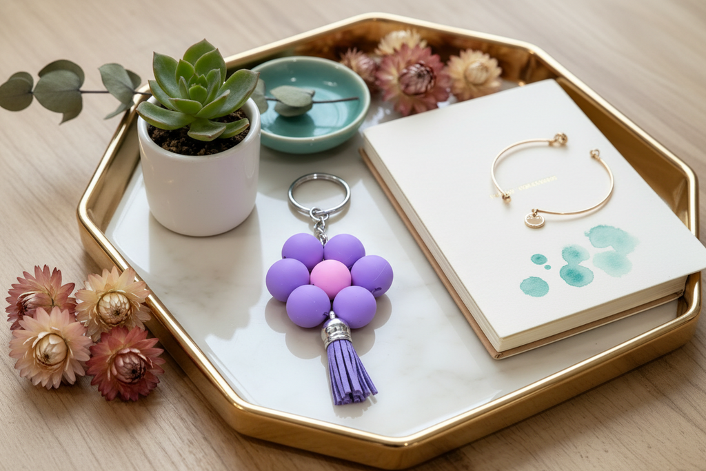 Purple Flower Bead Keychain Lifestyle