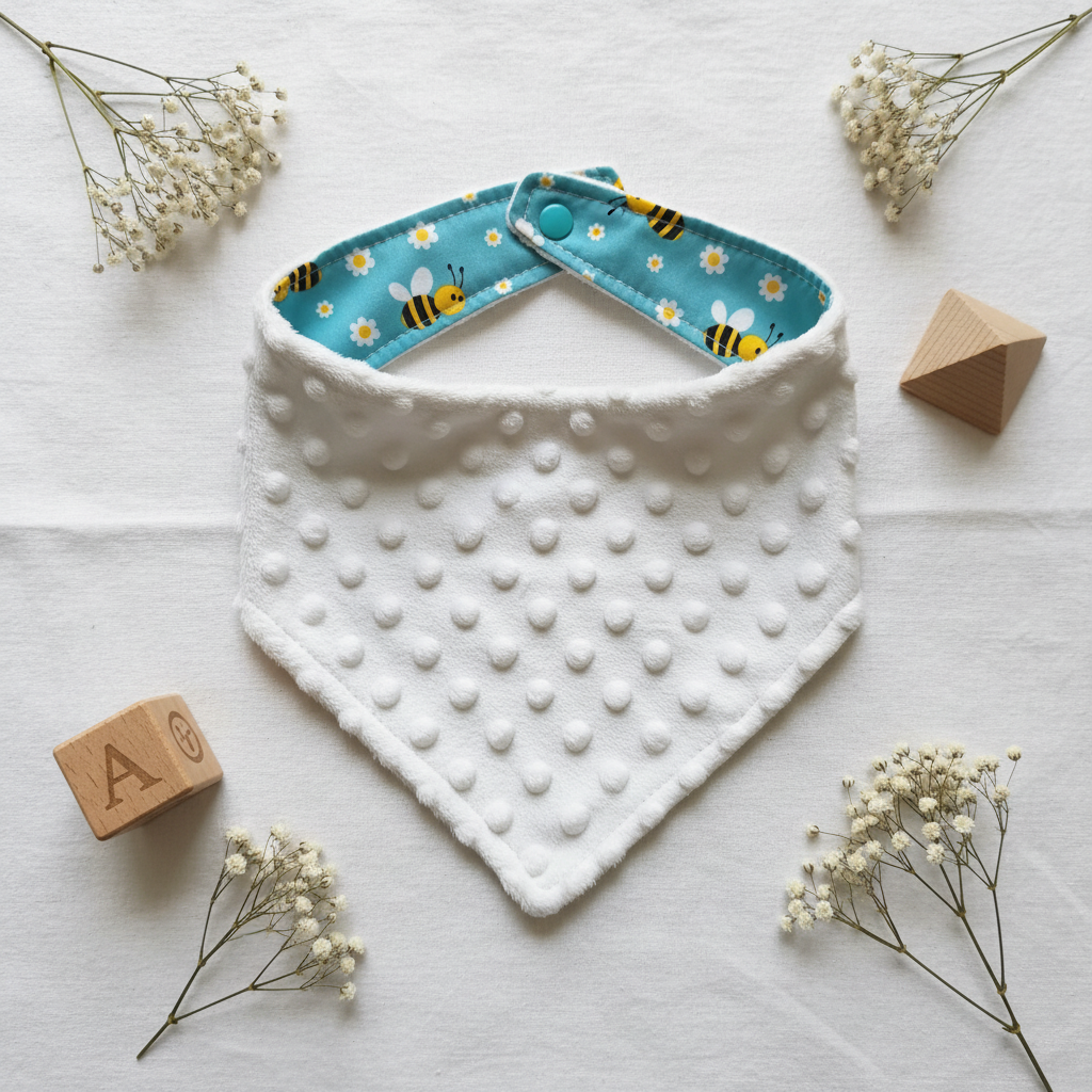 Teal Bee Bandana Bib Minky Side Flat Lay