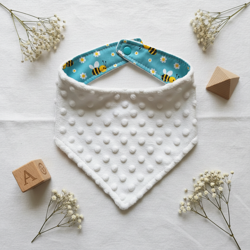 Teal Bee Bandana Bib Minky Side Flat Lay
