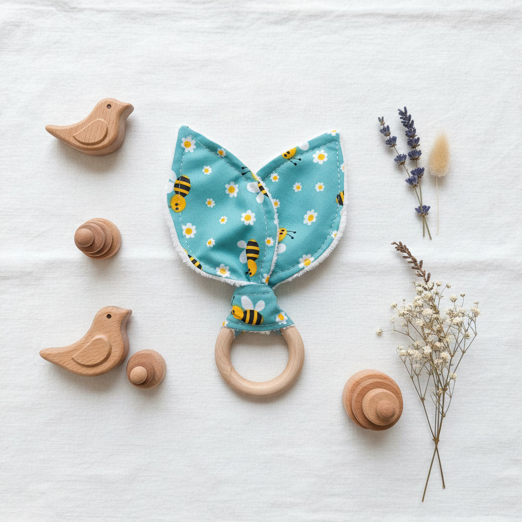 Teal Bee Teething Ring Flat Lay