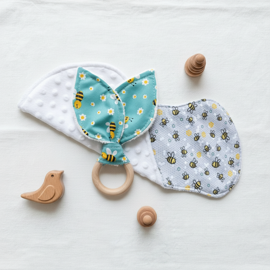 Teal Bee Teething Ring with Burp Cloth Flat Lay