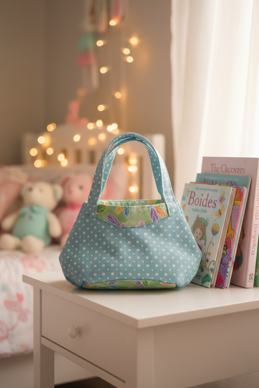 Teal Polka Dot Kids Handbag in Bedroom Setting