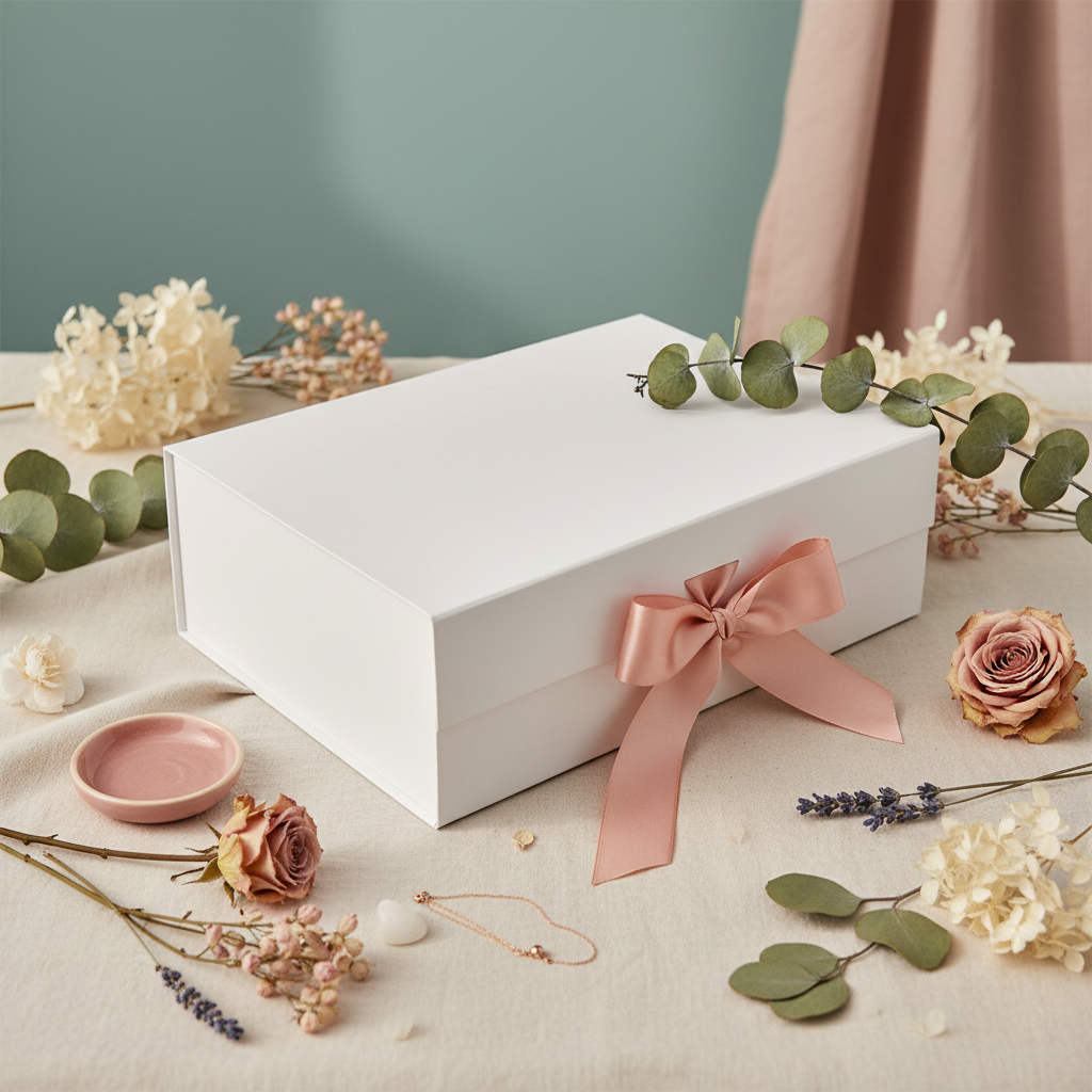 White Box Peach Ribbon Lifestyle